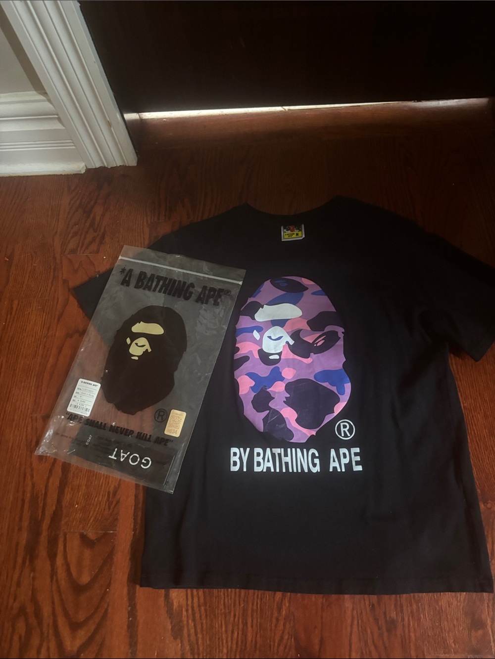 Bape Black Tee with Pink & Purple Camo Ape Head